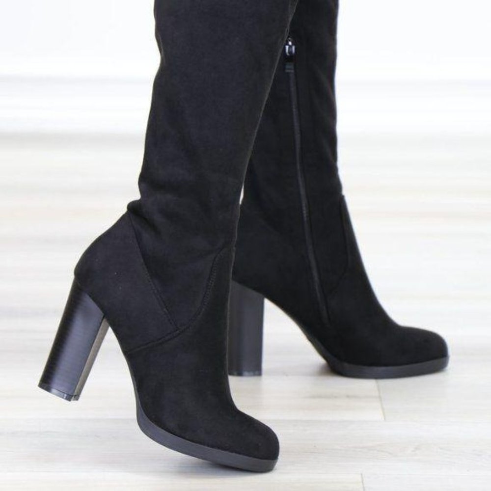 Tie Back Over Knee Heeled Sleek Boots Suede Black - Picture 7 of 15